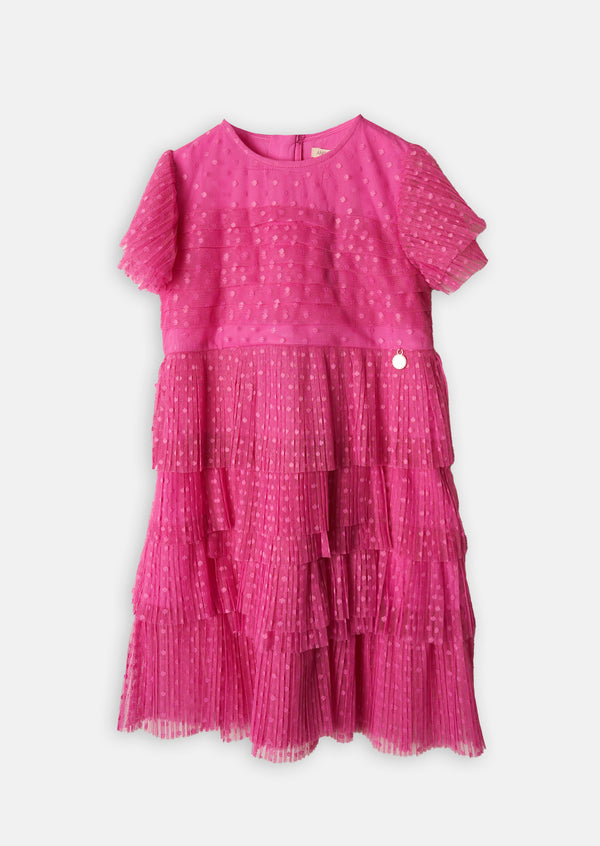 Girls Pink Print Tiered Premium Dress