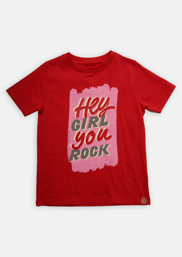Girls Graphic Printed Cotton Red T-Shirt