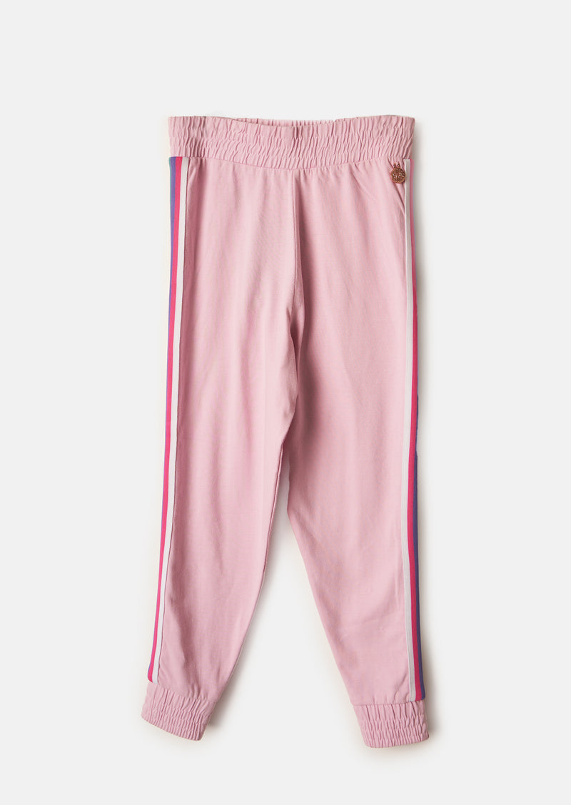 Girls Cotton Pink Side Striped Joggers
