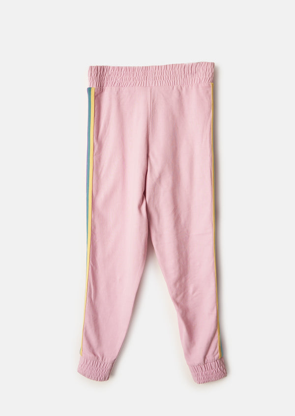 Girls Cotton Pink Side Striped Joggers