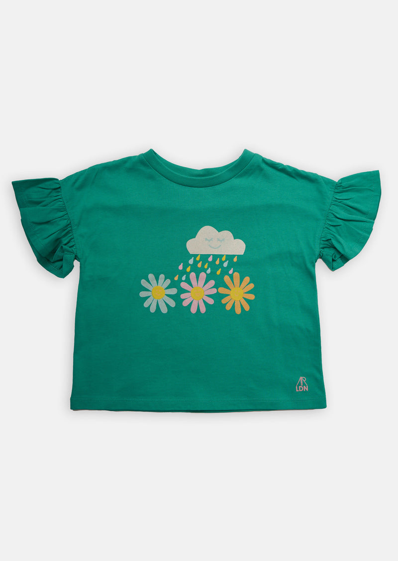 Girls Weather Printed Cotton Green T-Shirt