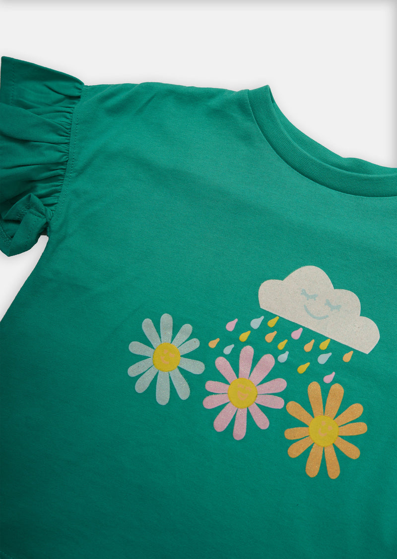 Girls Weather Printed Cotton Green T-Shirt