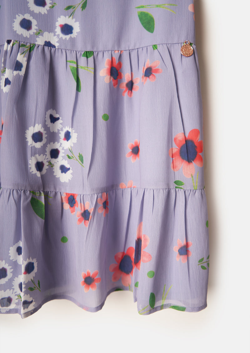 Girls Floral Printed Woven Blue Dress
