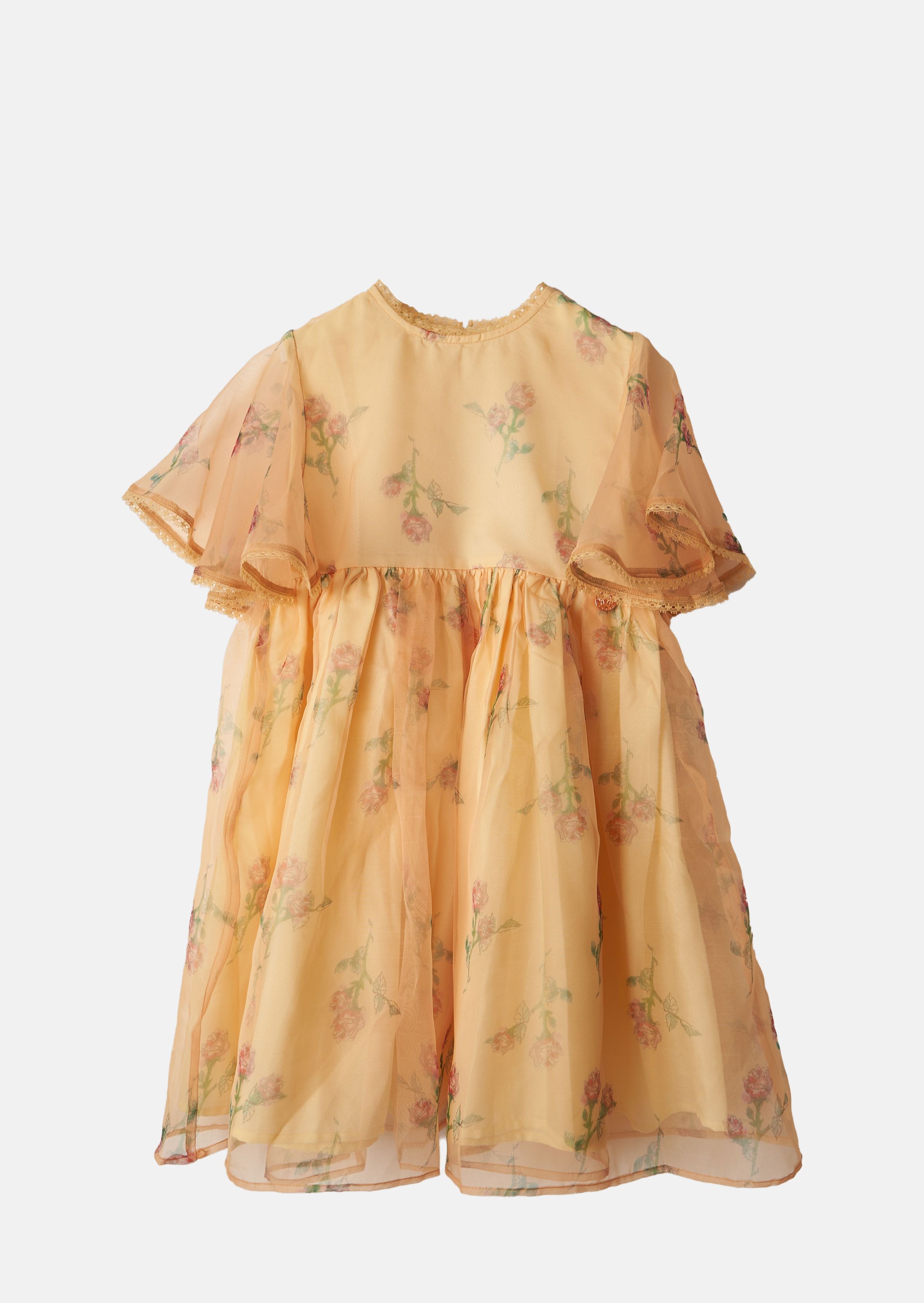 Girls Floral Printed Yellow Dress with Cape Sleeved