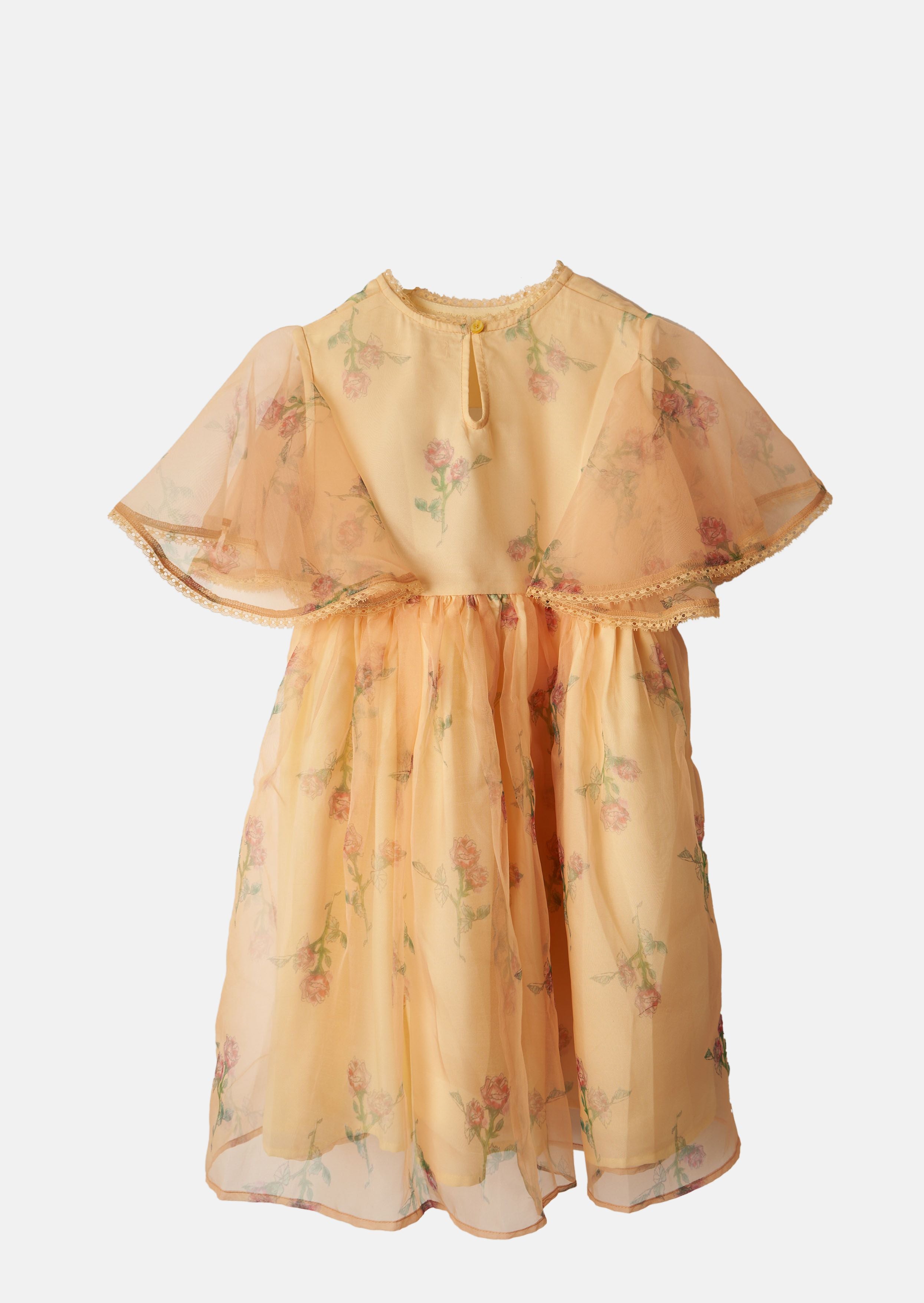 Girls Floral Printed Yellow Dress with Cape Sleeved