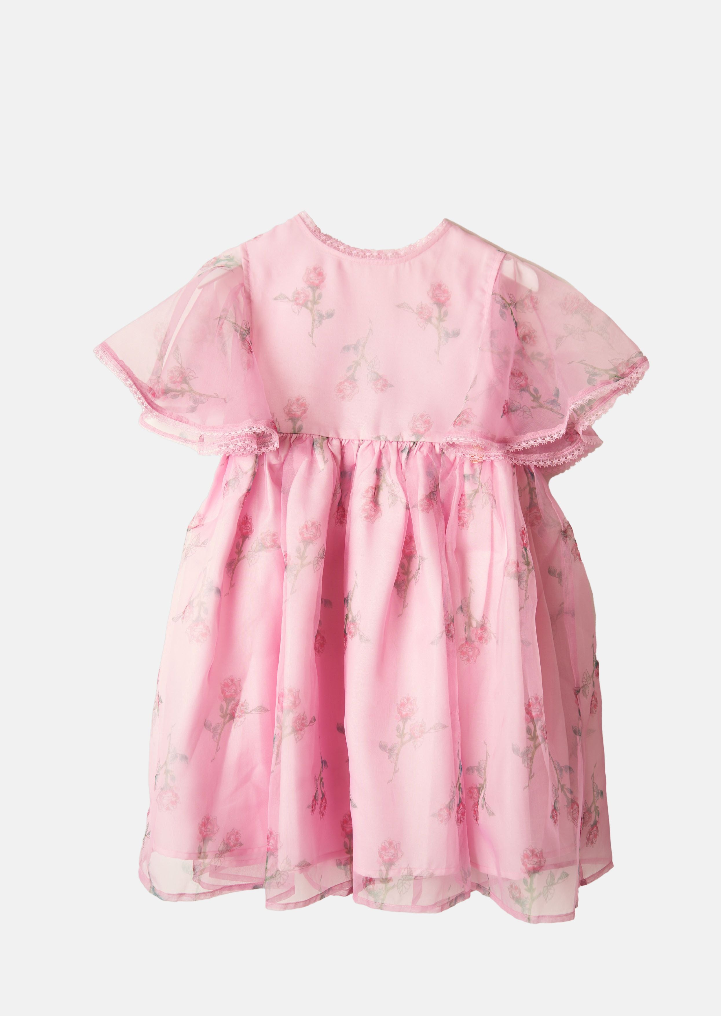 Girls Floral Printed Pink Dress with Cape Sleeves