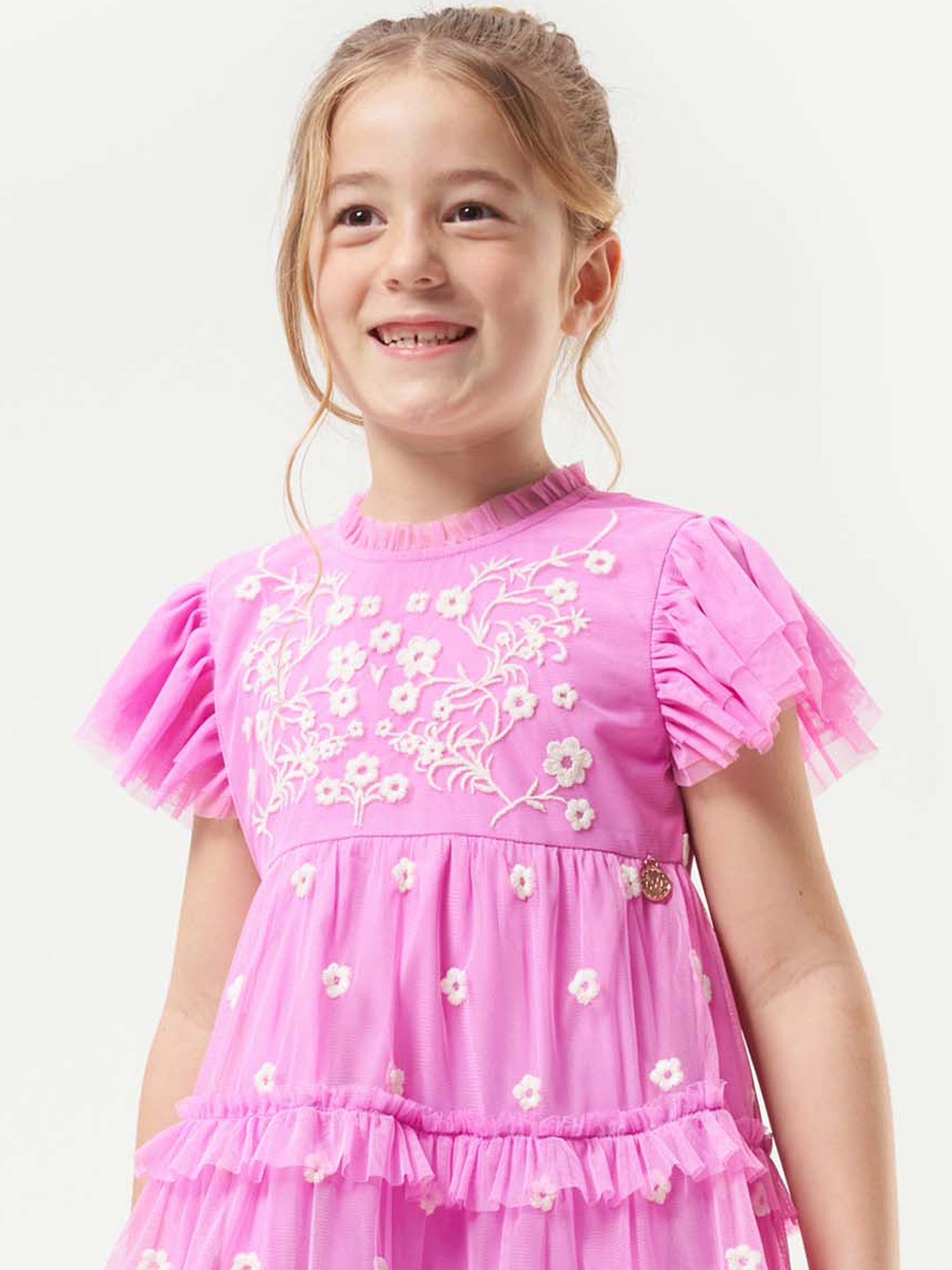 Girls Pink Floral Embroidered Mesh Dress