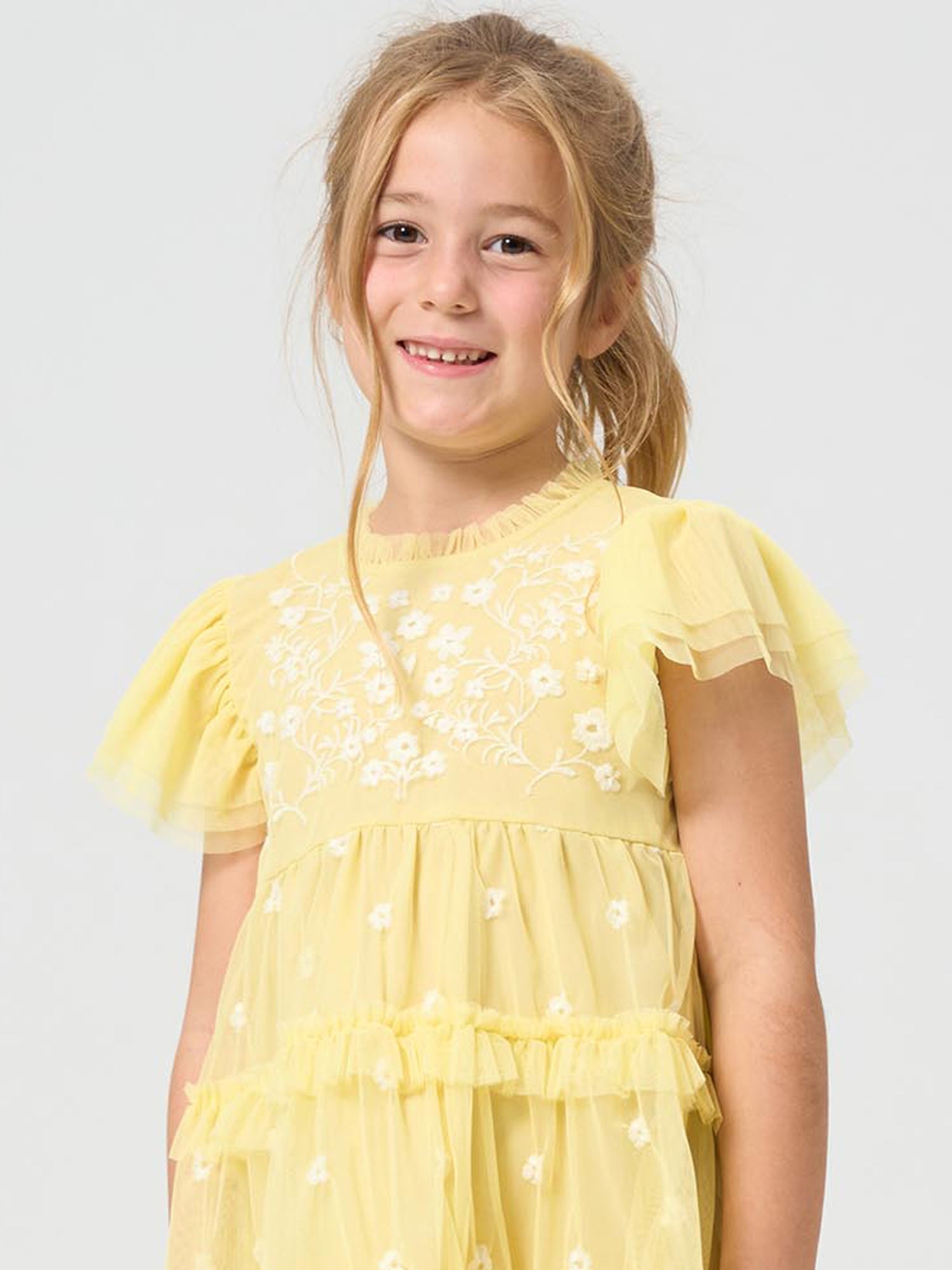 Girls Yellow Floral Embroidered Mesh Dress