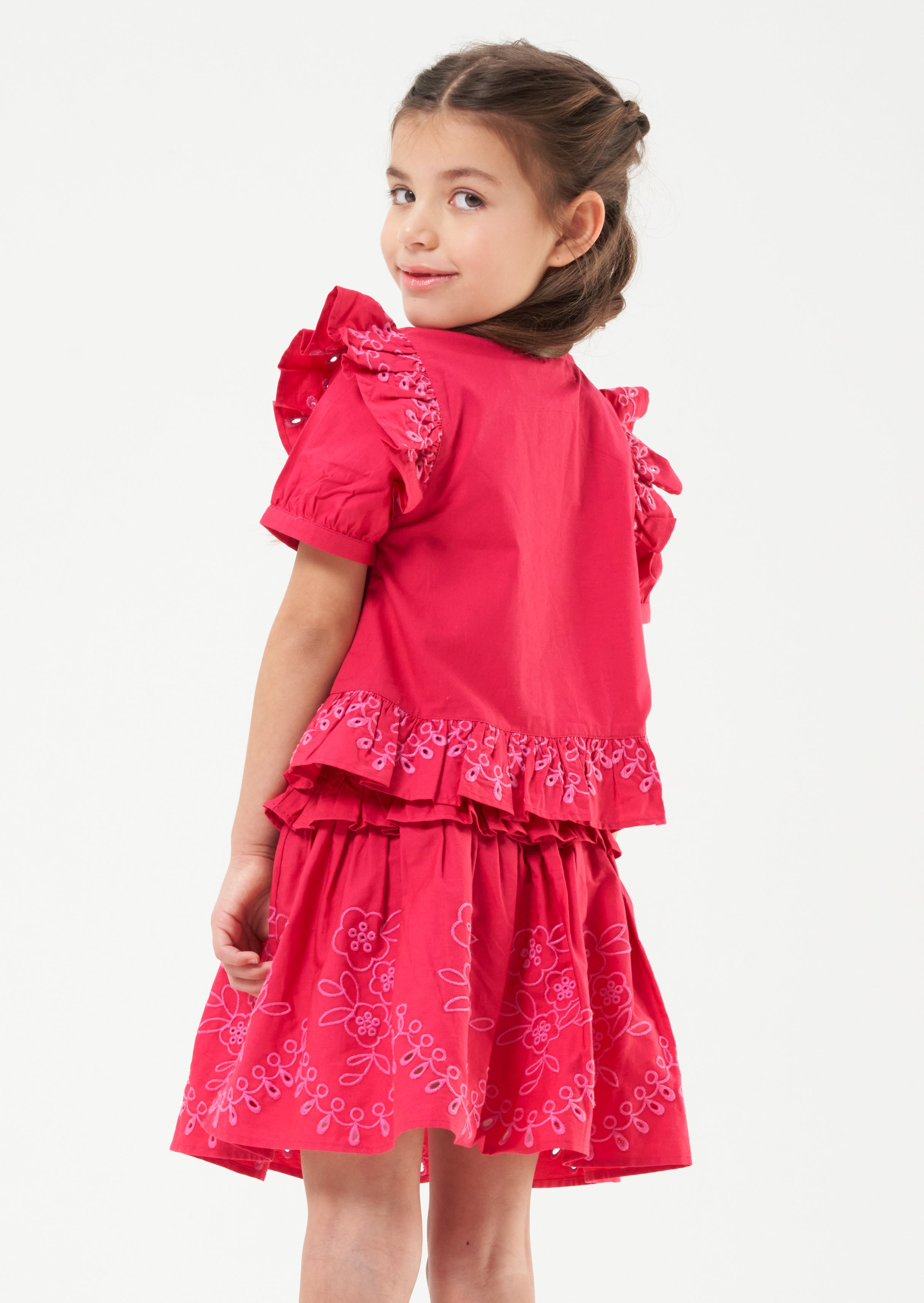 Girls Floral Embroidered Pink Skirt
