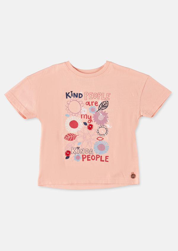 Girls Floral Embroidered Cotton Pink T-Shirt
