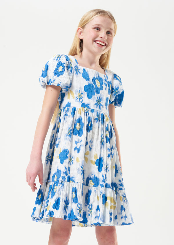 Girls Woven Blue Floral Printed Dress with Puff Sleeves