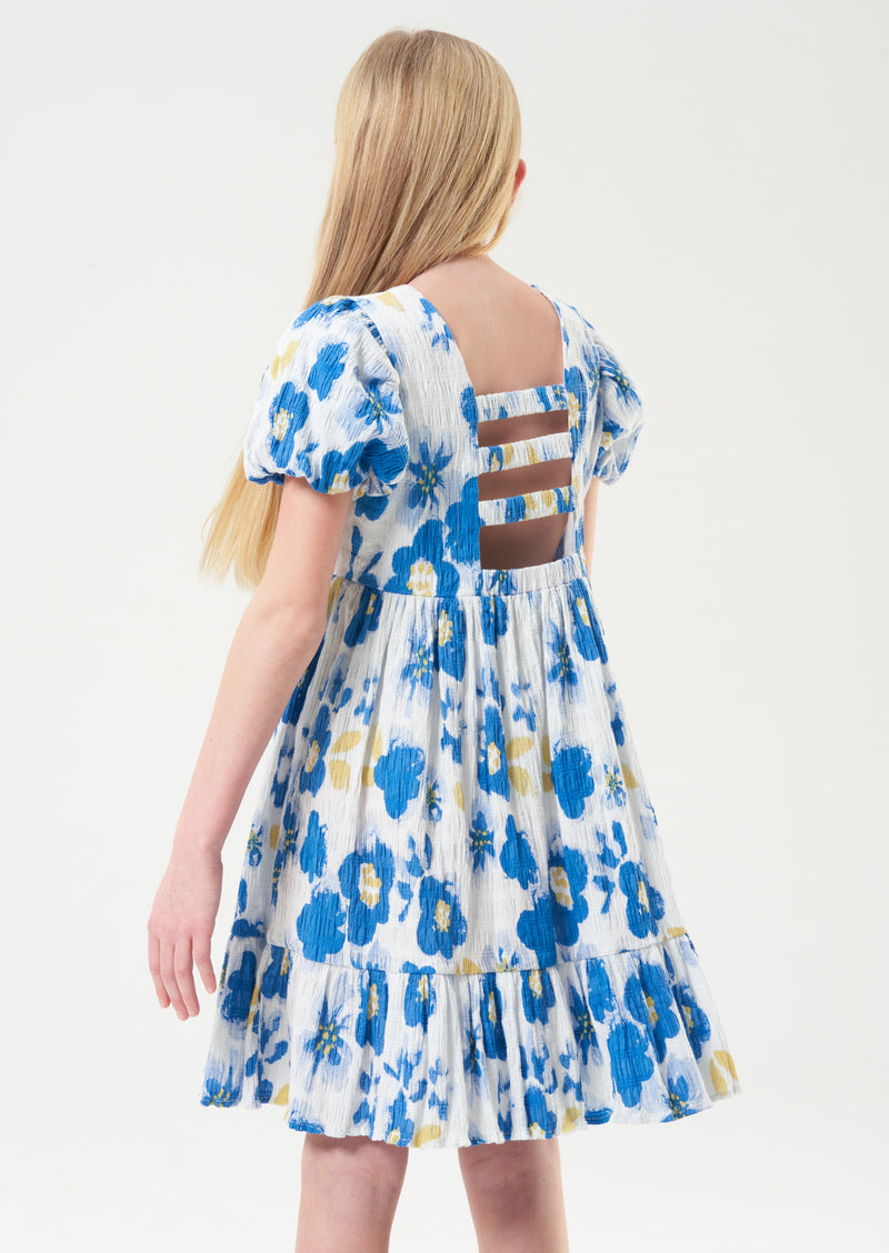 Girls Woven Blue Floral Printed Dress with Puff Sleeves