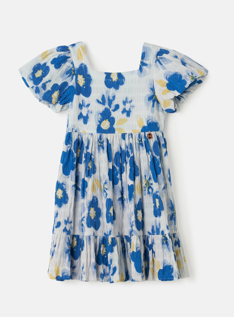 Girls Woven Blue Floral Printed Dress with Puff Sleeves
