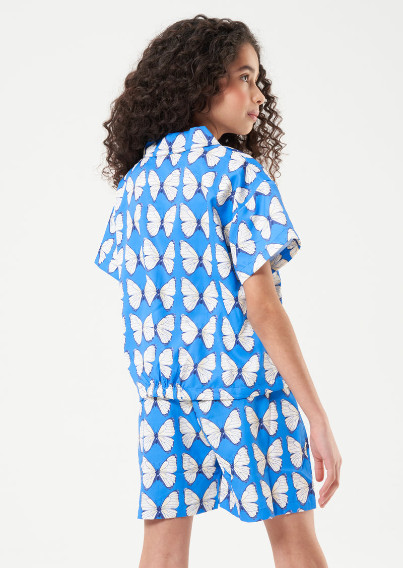 Girls Butterfly Printed Woven Blue Top with Pocket