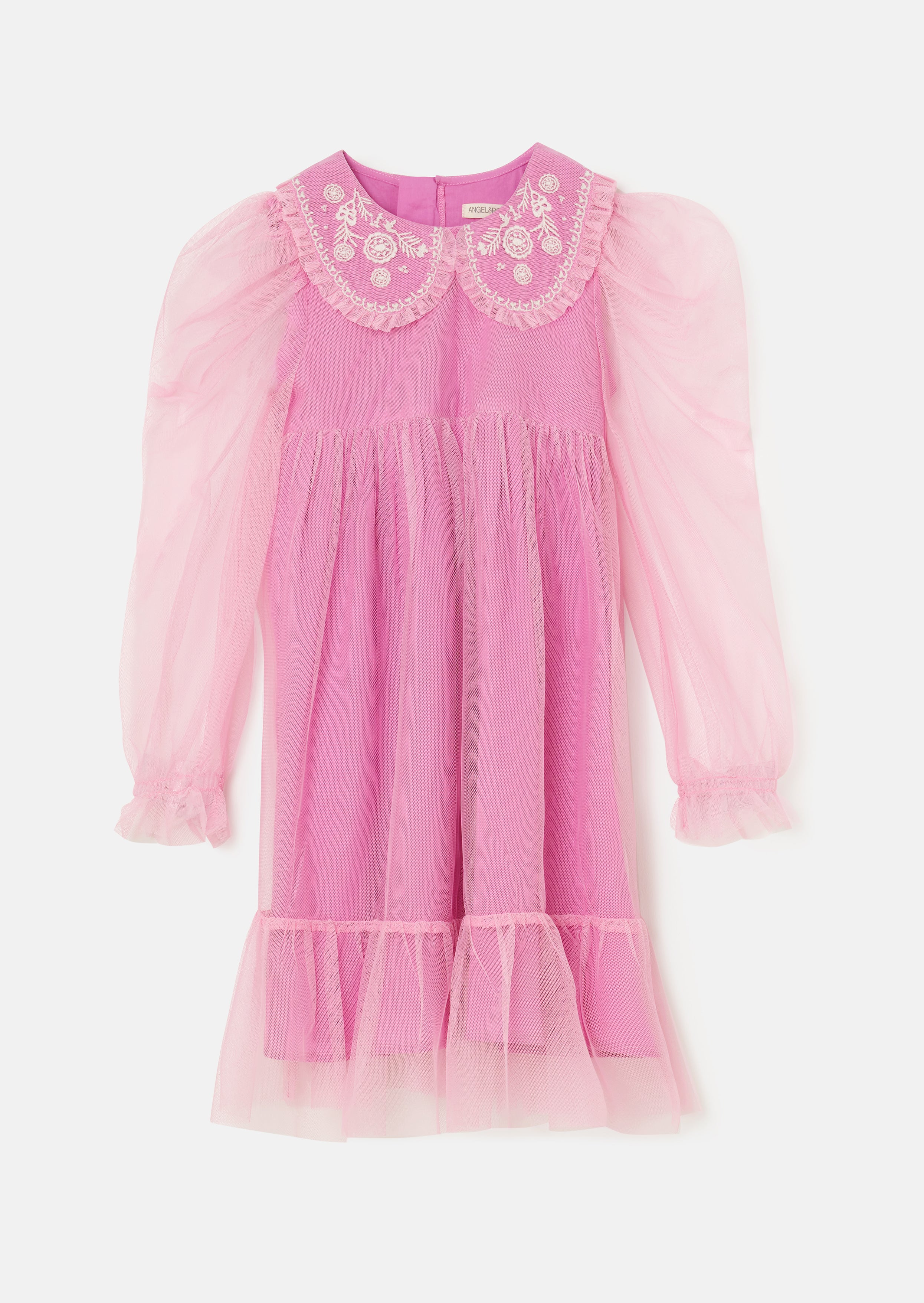 Girls Pink Mesh Floral Embroidered Dress
