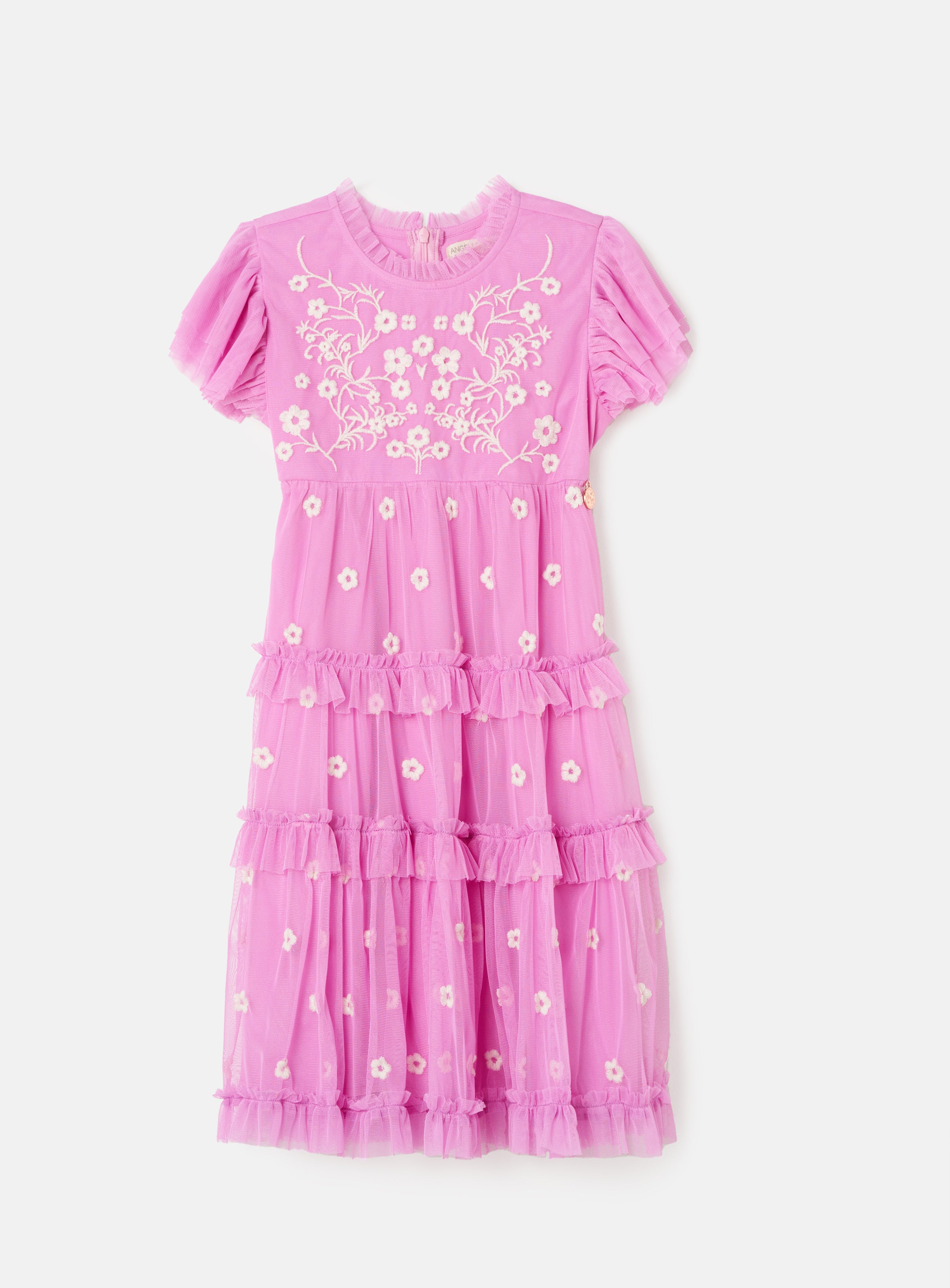 Girls Pink Floral Embroidered Mesh Dress