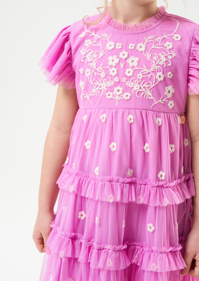 Girls Pink Floral Embroidered Mesh Dress