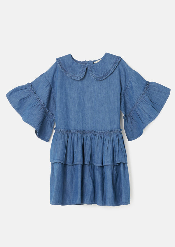 Girls Blue Denim Dress with Frill Sleeves