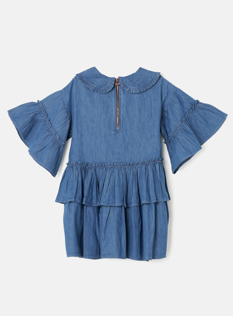 Girls Blue Denim Dress with Frill Sleeves