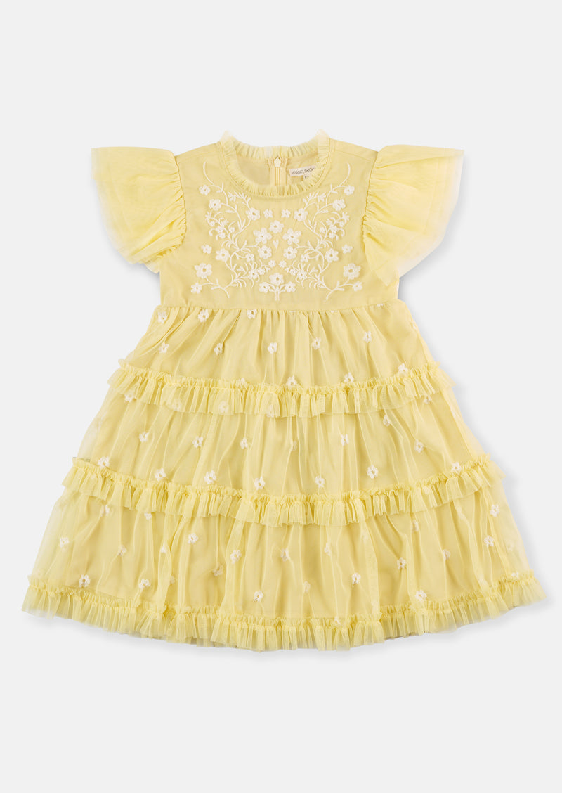Girls Yellow Floral Embroidered Mesh Dress