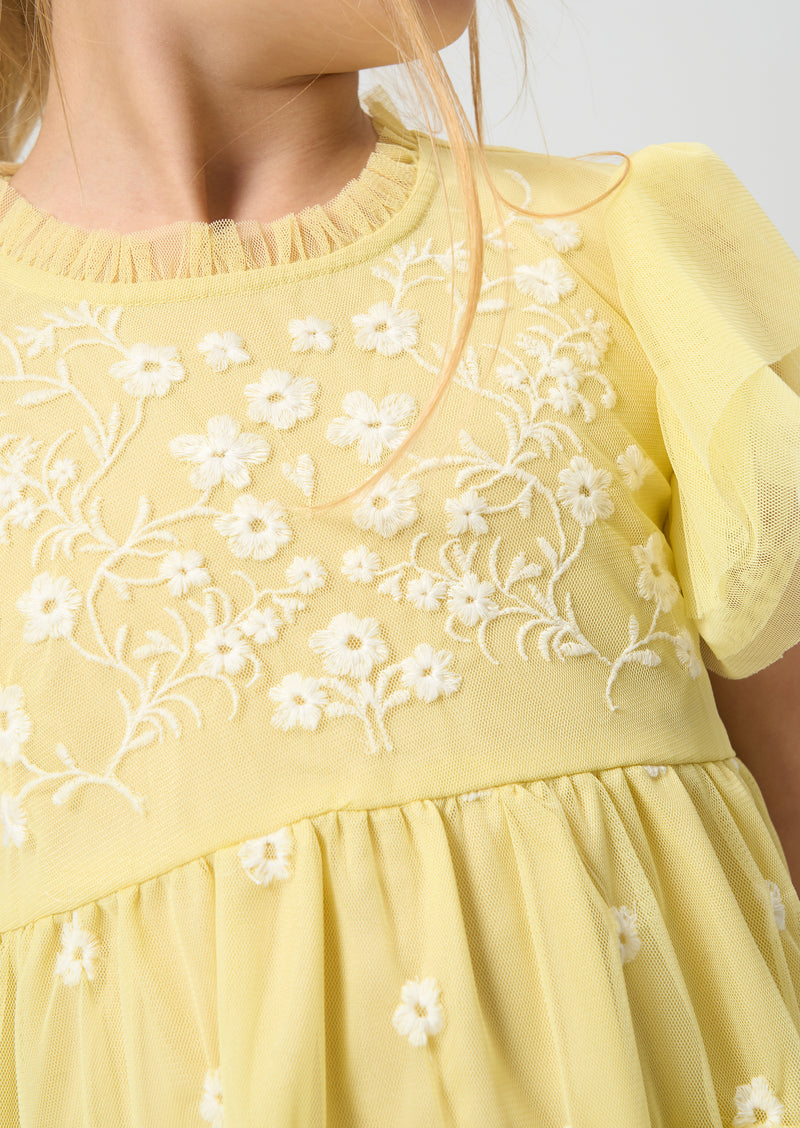 Girls Yellow Floral Embroidered Mesh Dress