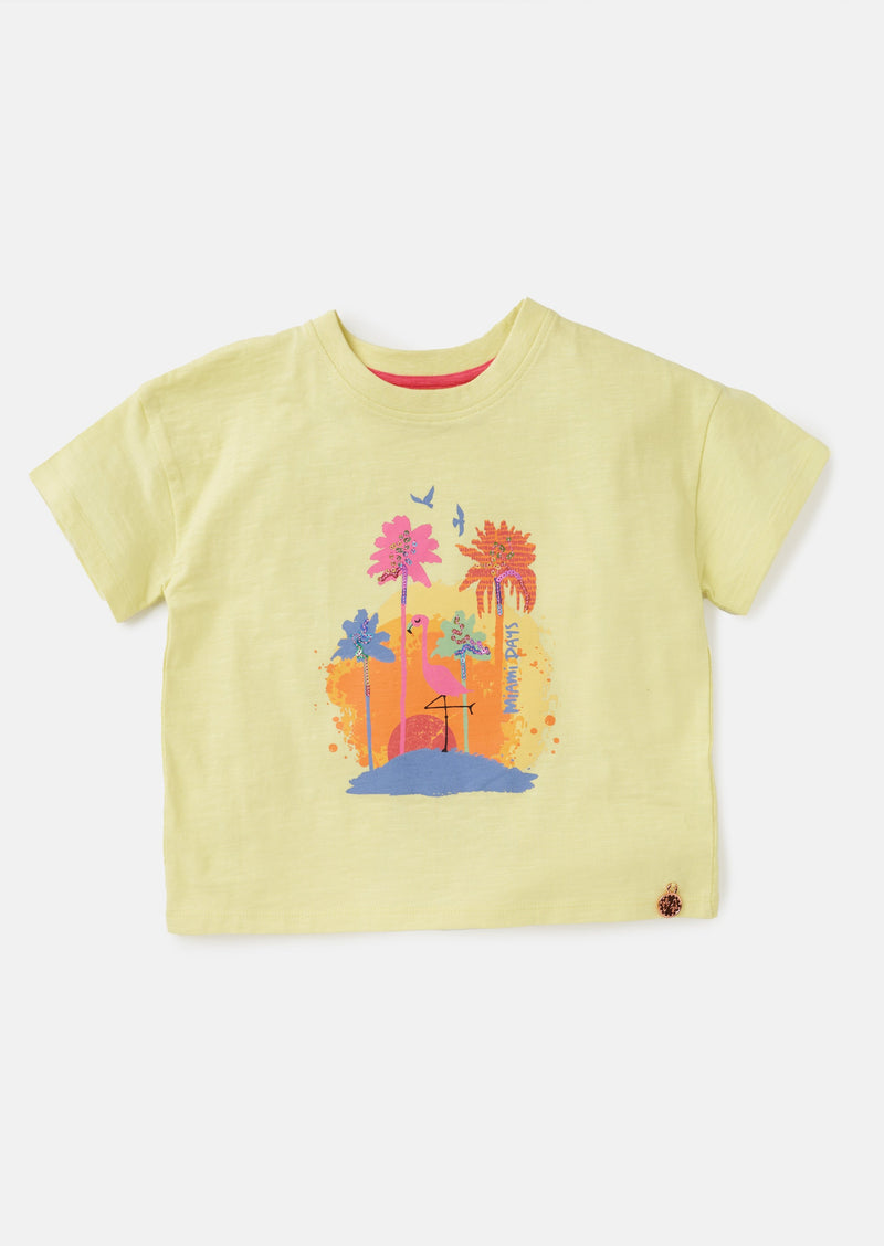 Girls Sequins Embellished Cotton Yellow T-Shirt