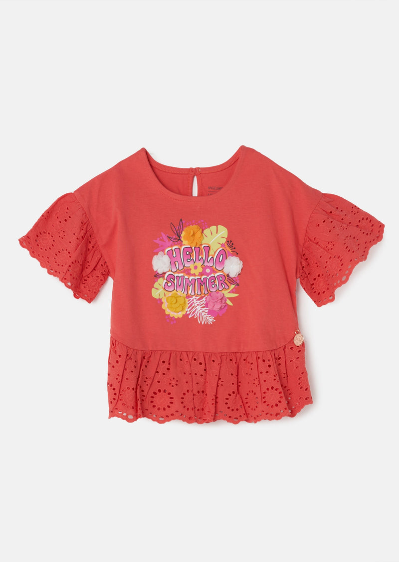 Girls Floral Embroidered Red Top with Frill Sleeves