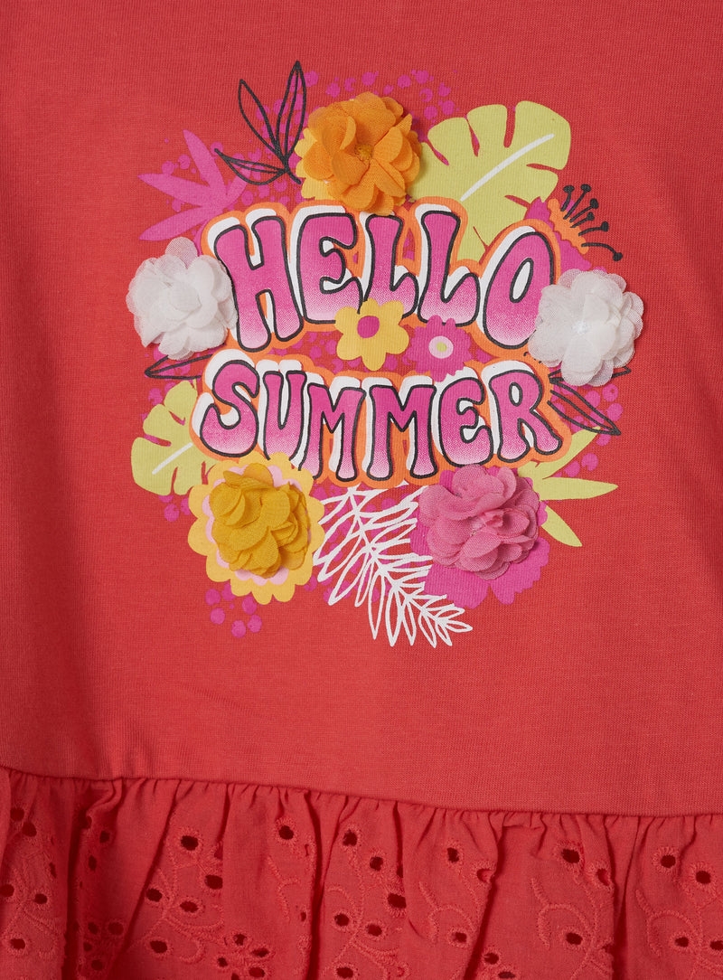 Girls Floral Embroidered Red Top with Frill Sleeves