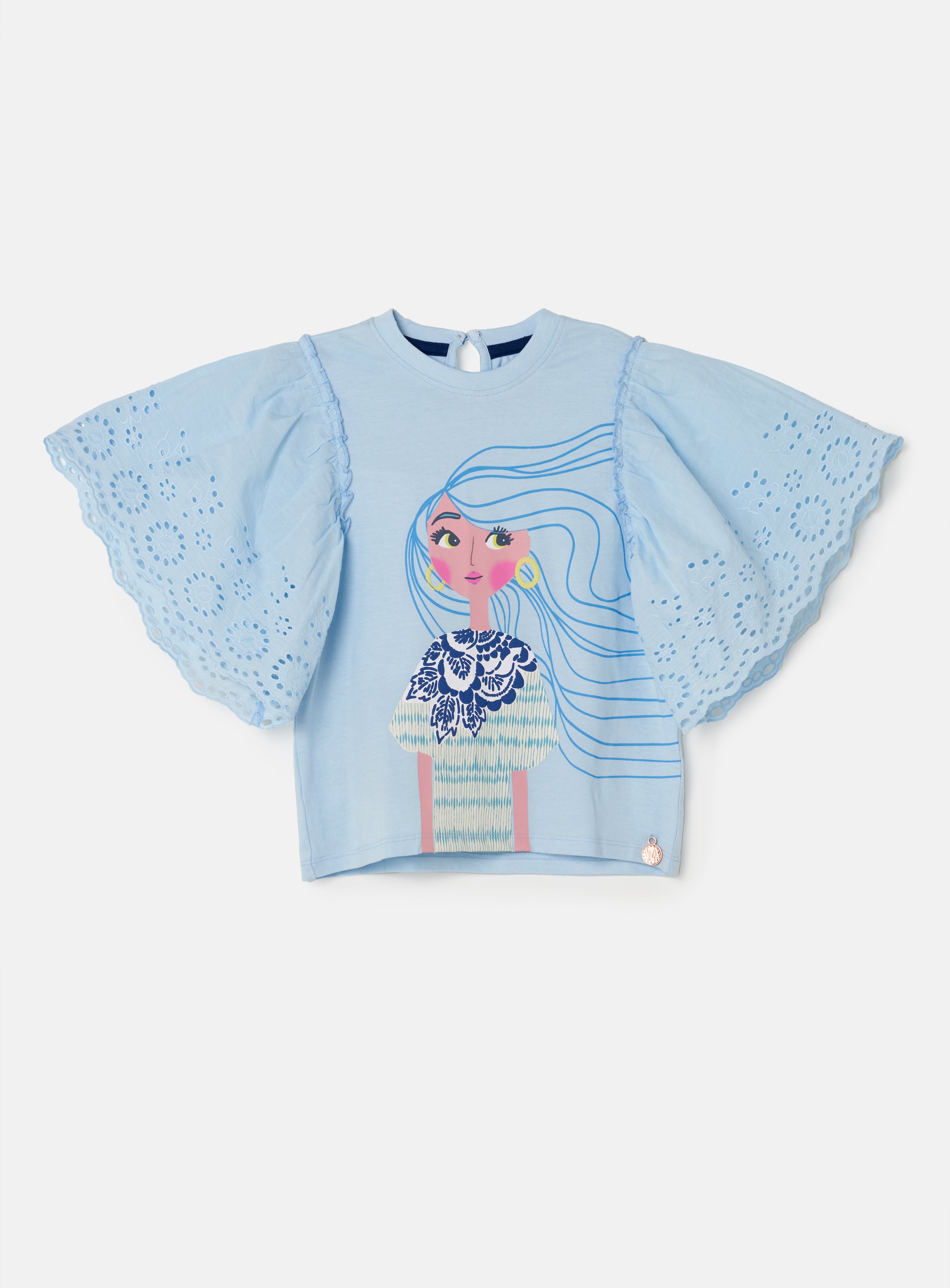 Girl Icon Printed Cotton Blue Top with Embroidered Sleeves