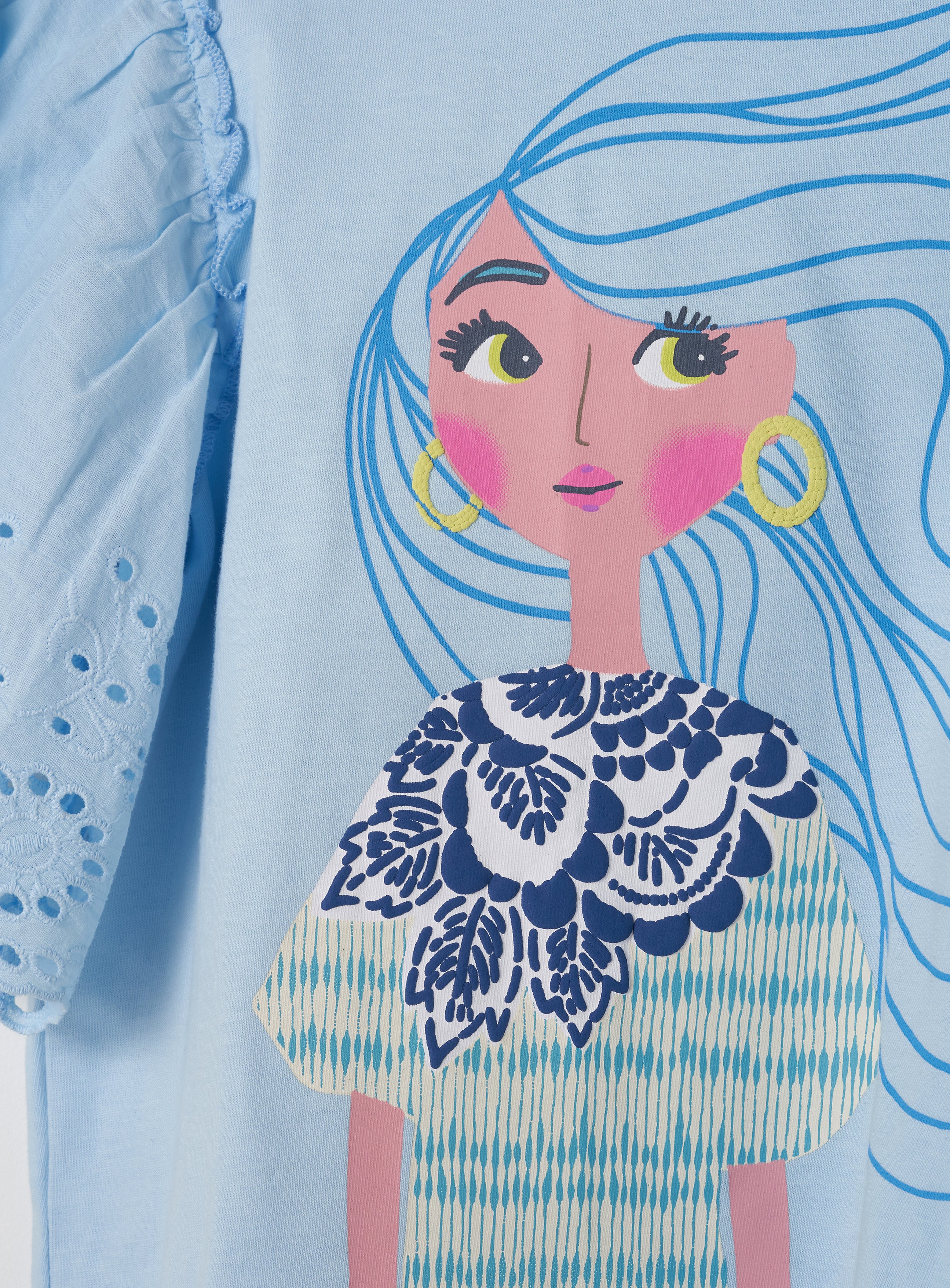 Girl Icon Printed Cotton Blue Top with Embroidered Sleeves