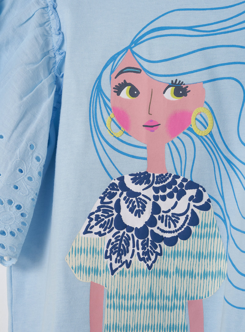 Girl Icon Printed Cotton Blue Top with Embroidered Sleeves