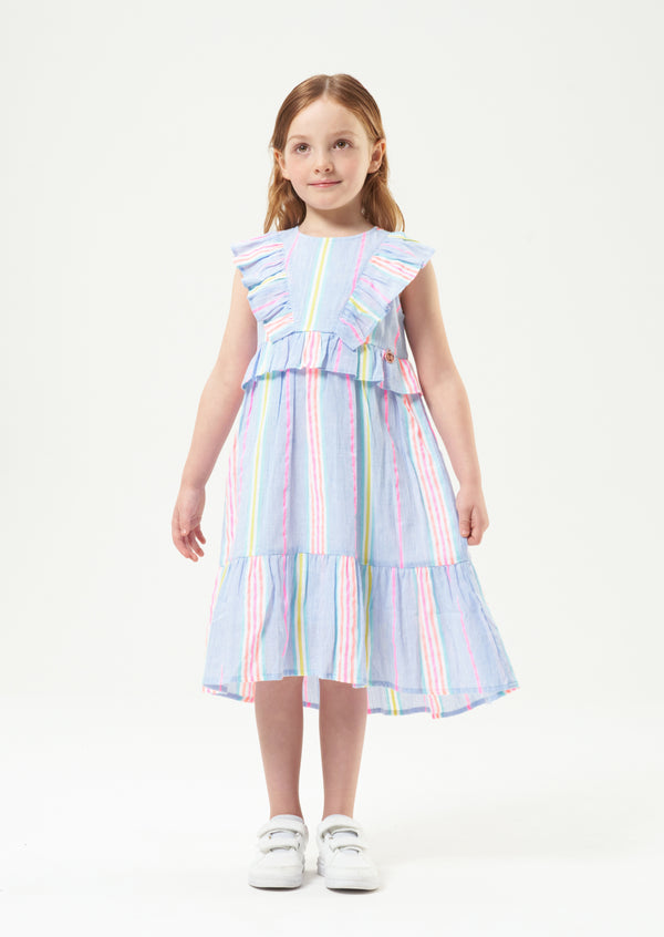 Girls Rainbow Striped Blue Dress