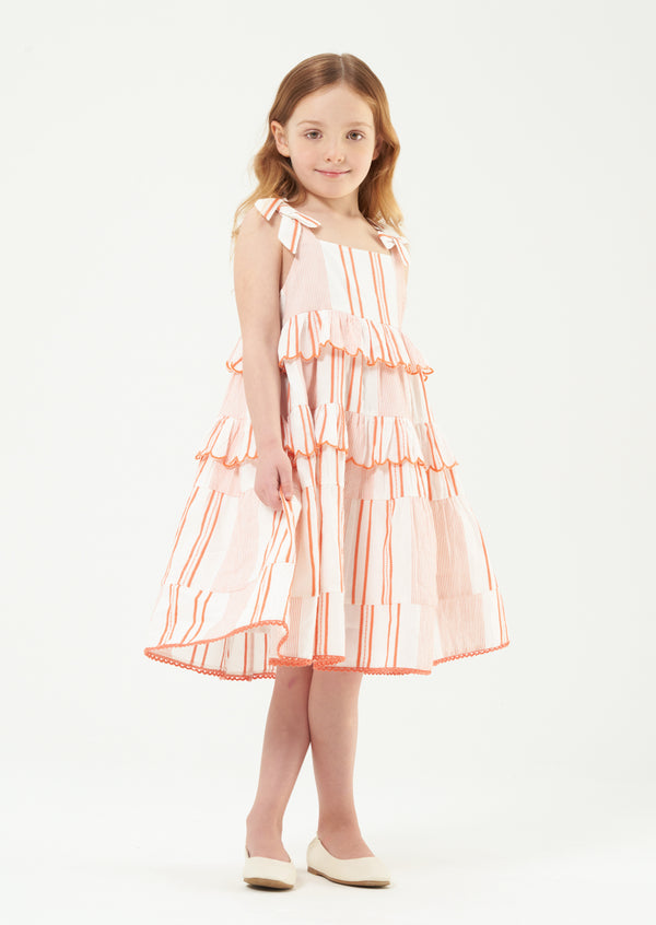 Girls Stripe Tiered Cotton Orange Dress