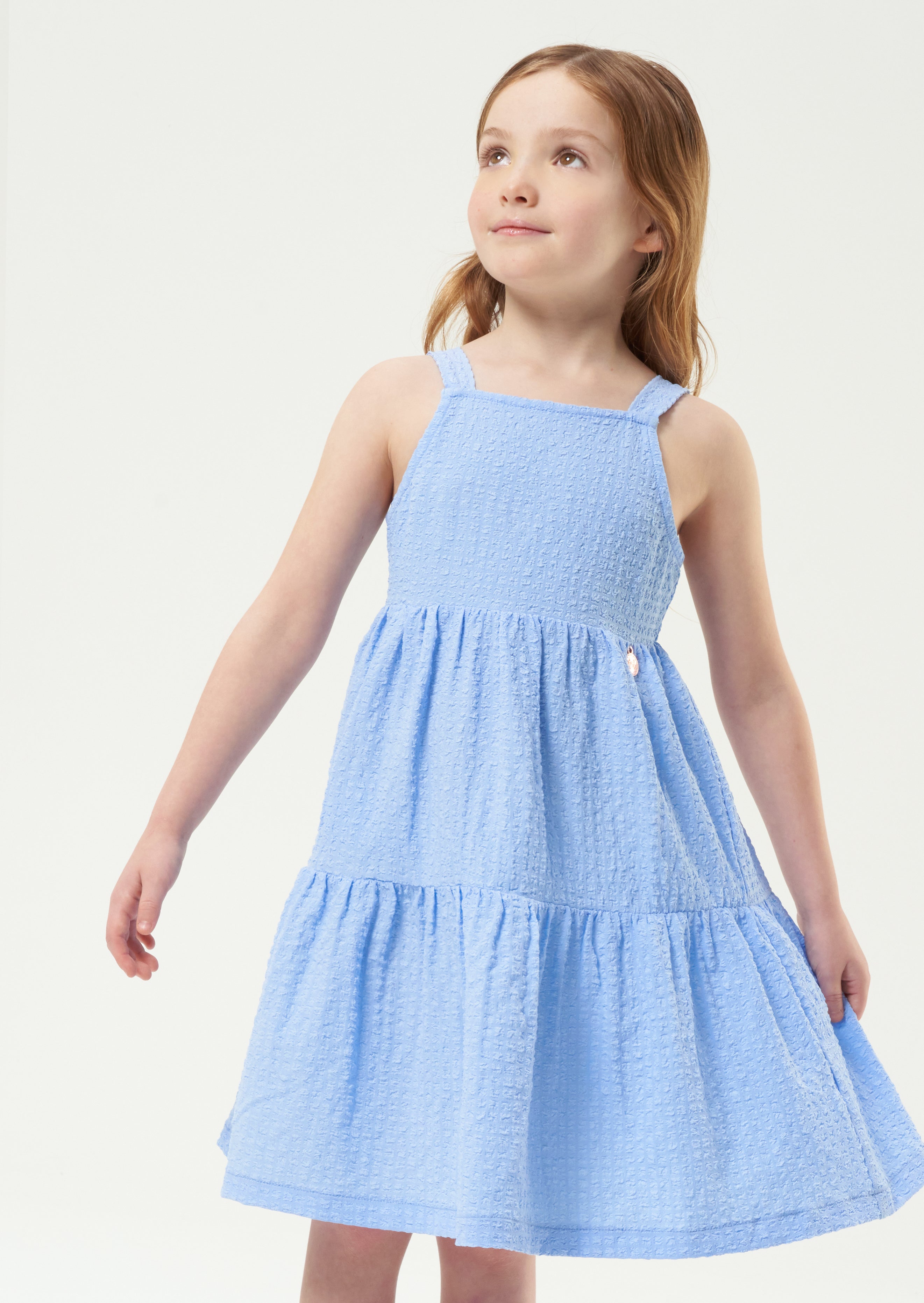 Girls Solid Blue Woven Dress with Back Tie
