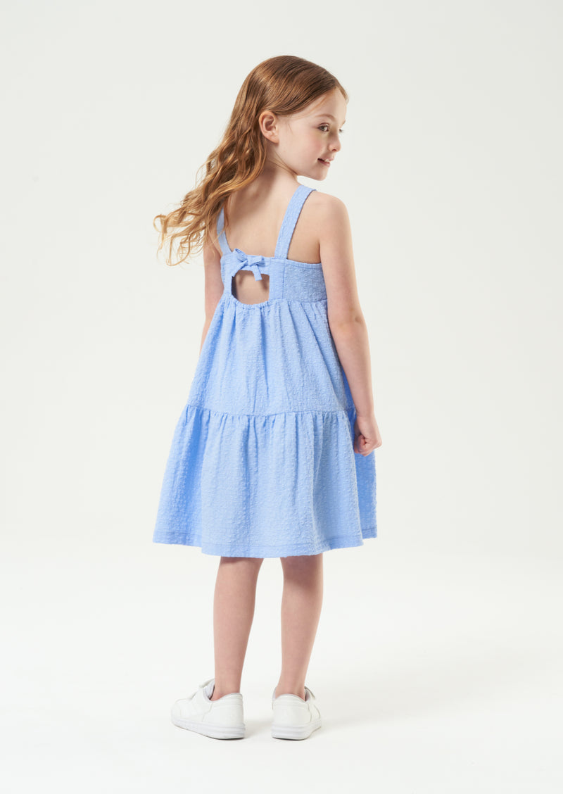 Girls Solid Blue Woven Dress with Back Tie