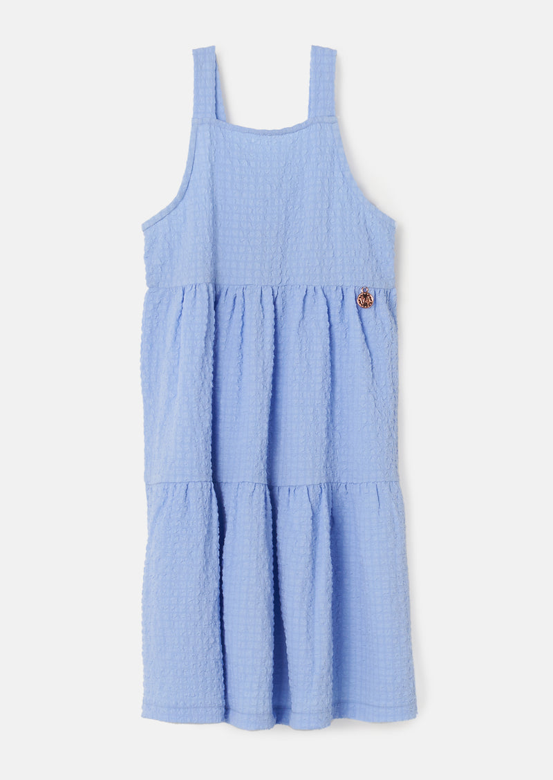 Girls Solid Blue Woven Dress with Back Tie