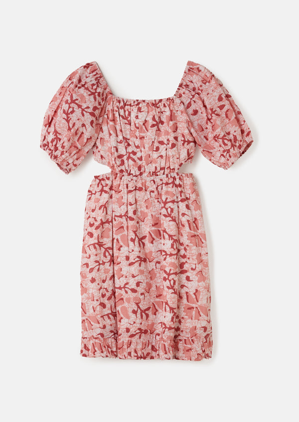 Girls Floral Printed Pink Premium Dress with Puff Sleeves