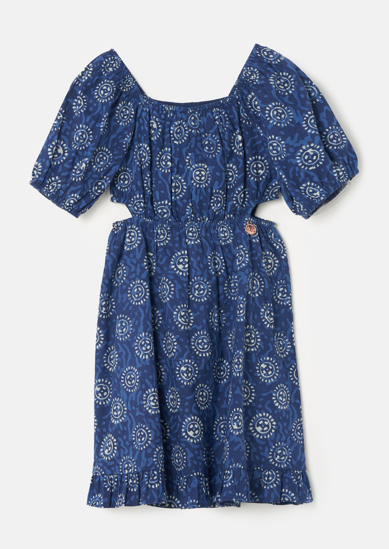 Girls Floral Printed Blue Premium Dress with Puff Sleeves