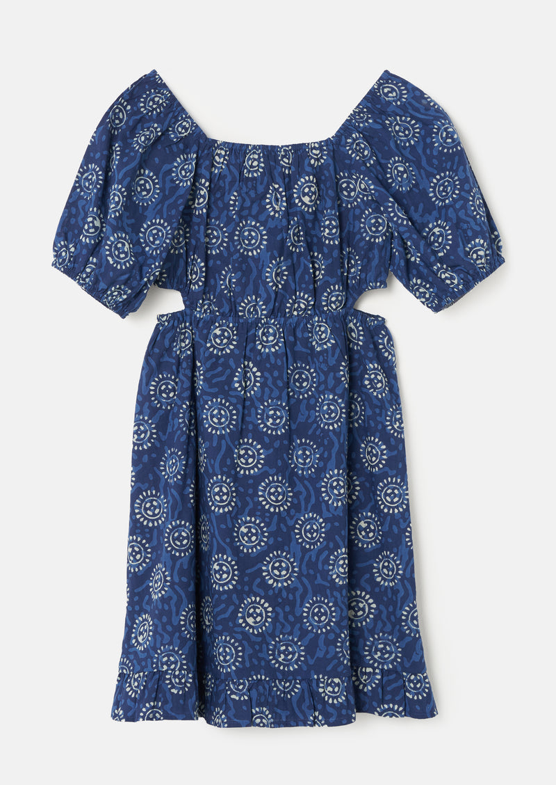 Girls Floral Printed Blue Premium Dress with Puff Sleeves