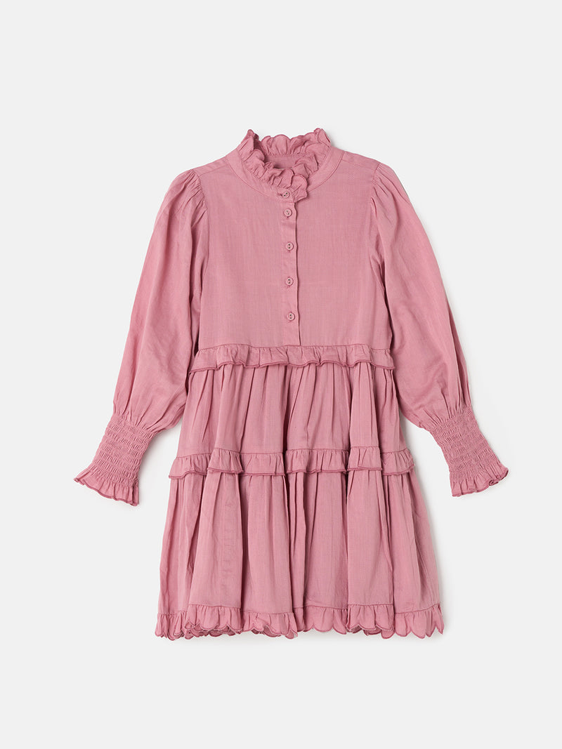 Girls Pink Self Textured Vintage Frill Dress