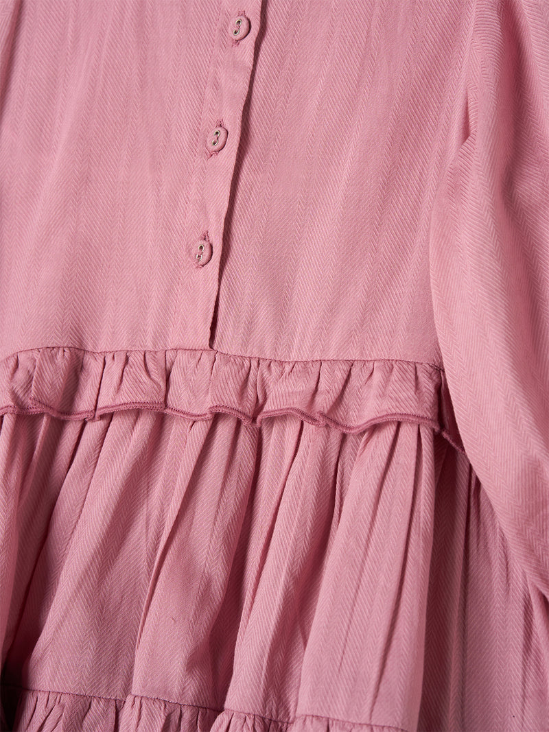 Girls Pink Self Textured Vintage Frill Dress
