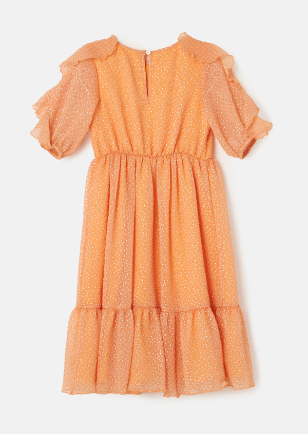 Girls Orange Self Textured Premium Dress