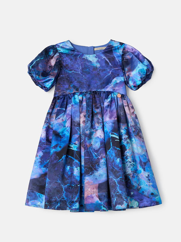 Girls Blue Galaxy Print Premium Dress with Puff Sleeves