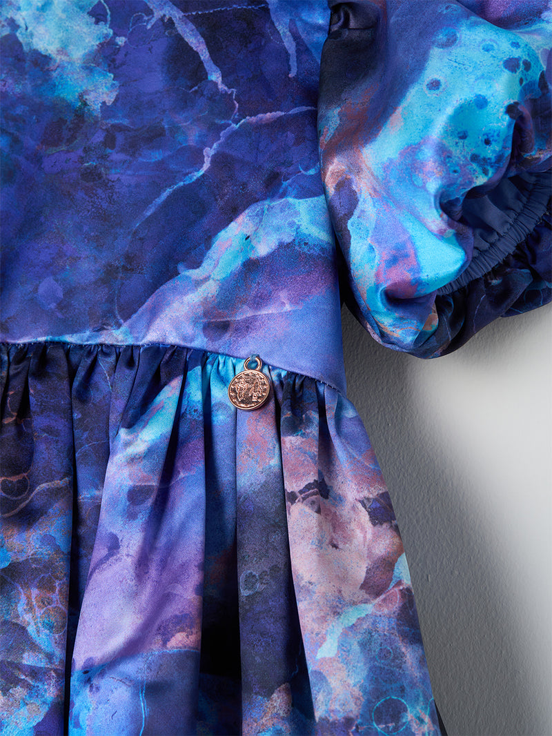 Girls Blue Galaxy Print Premium Dress with Puff Sleeves