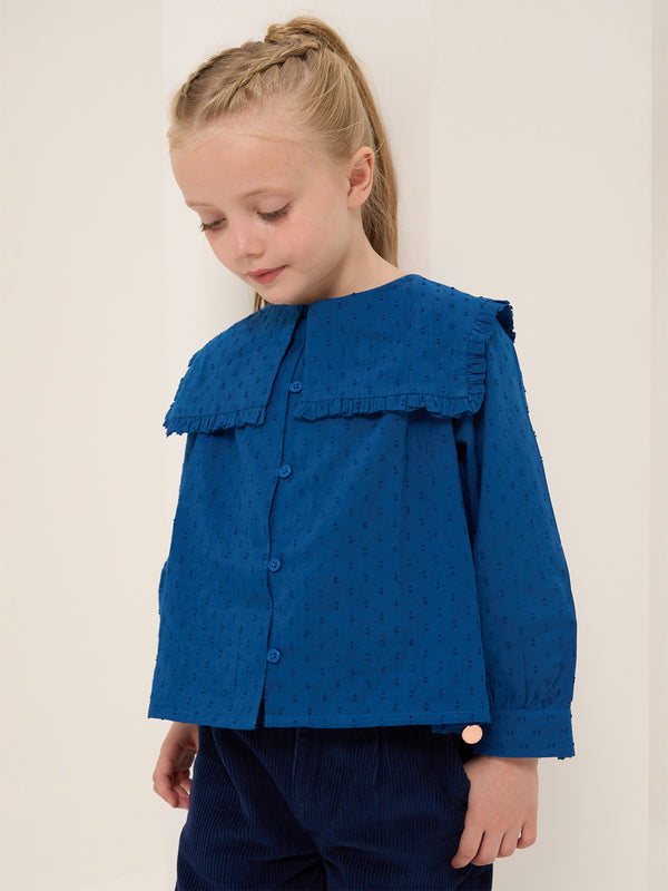 Girls Blue Self Textured Frill Collar Woven Top