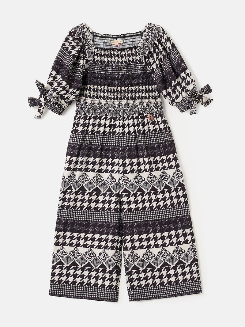 Girls Printed Black Jumpsuit with Puff Sleeves