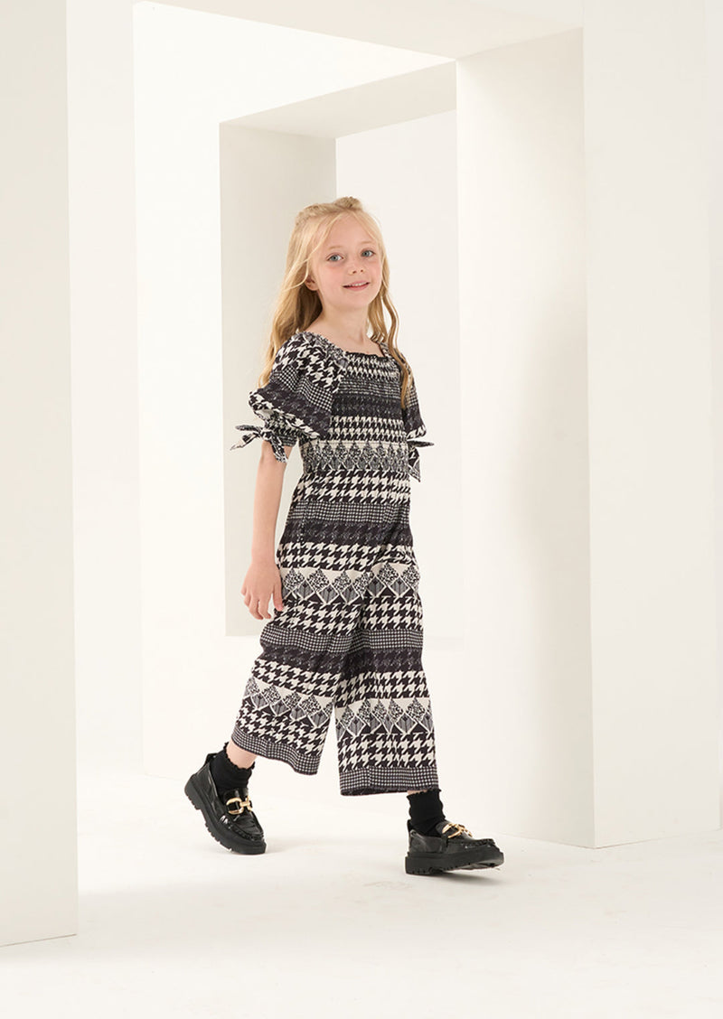 Girls Printed Black Jumpsuit with Puff Sleeves