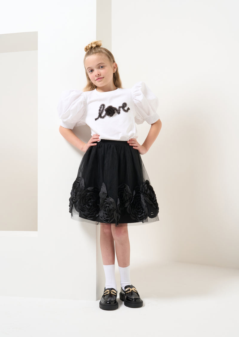 Girls Love Embroidered Cotton White Top with Puff Sleeves