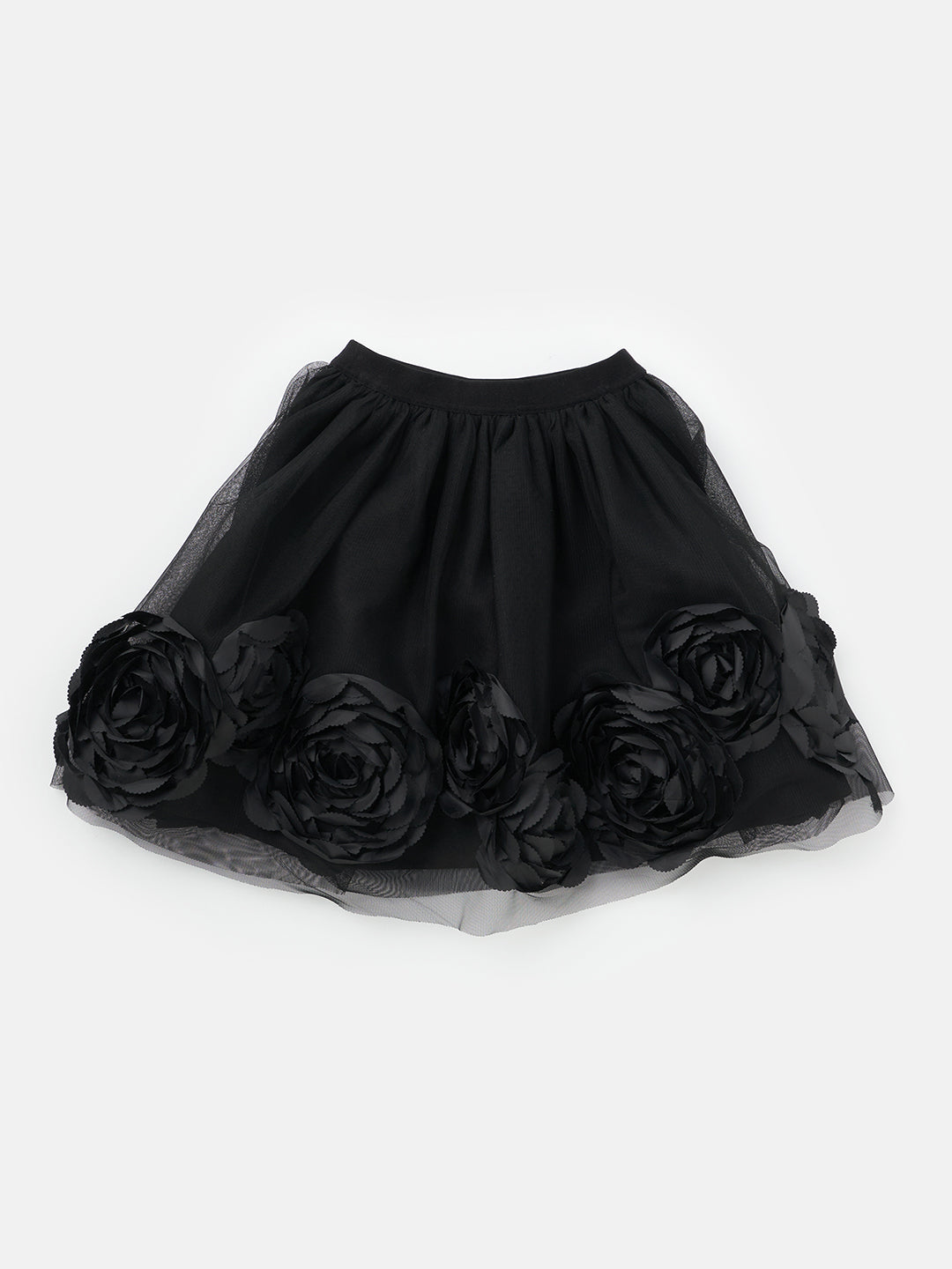 Girls Black Self Textured Rose Bud Skirt