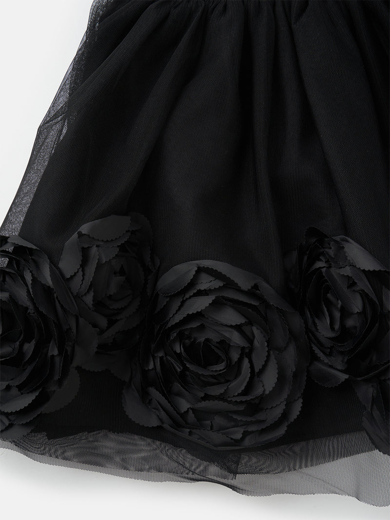 Girls Black Self Textured Rose Bud Skirt